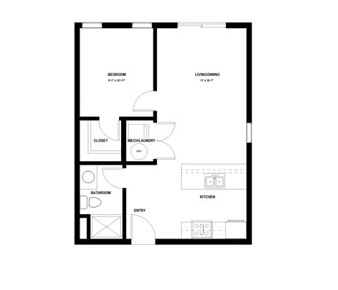 Floor plan for 1 bed, 1 bath, 579 sqft